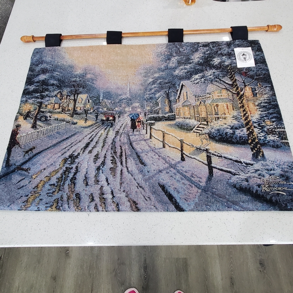 Thomas Kinkaid Woven Wall Tapestry HOMETOWN CHRISTMAS Made In USA NWT 36" x 26"